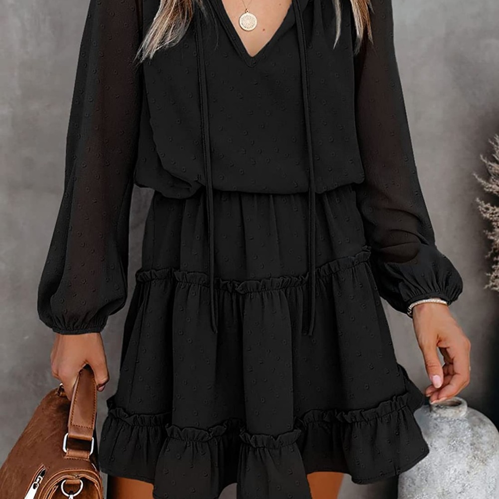 Black casual fall long sleeve ruffle dress